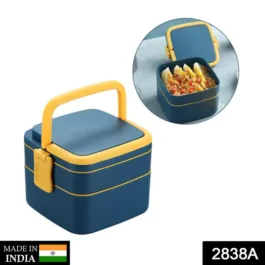 2838A BLUE DOUBLE-LAYER PORTABLE LUNCH BOX STACKABLE WITH CARRYING HANDLE AND SPOON LUNCH BOX