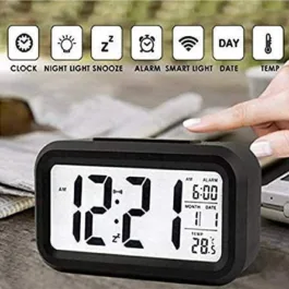 BZ12 Digital Smart Backlight Battery Operated Alarm Table Clock with Automatic Sensor, Date & Temperature (Black Alarm Clock)