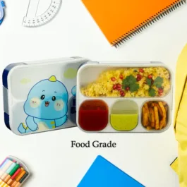 7018 CARTOON DESIGN PRINT 4 COMPARTMENT PLASTIC LUNCH BOX AIR TIGHT LUNCH BOX FOR OFFICE, BENTO BOX, LEAK-PROOF, MICROWAVE & DISHWASHER SAFE, PLASTIC LUNCH BOX FOR SCHOOL CHILD, TIFFIN BOX FOR ADULTS WITH FORK & SPOON