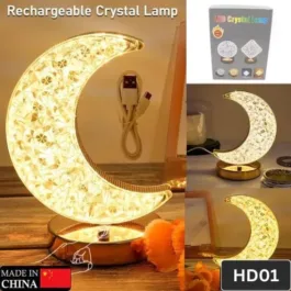 MD01 CRYSTAL TABLE LAMP | MOON SHAPE TOUCH CONTROL LAMP WITH 3 COLOR | METAL BEDSIDE LAMP FOR KIDS BEDROOM ROMANTIC DESKTOP NIGHTSTAND | STEPLESS DIMMING USB CHARGING TOUCH NIGHT LIGHT
