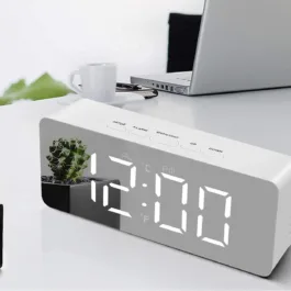 201 Digital LED Mirror Clock for Table Smart Alarm Clock for Students Heavy Sleepers with Sensor Date and Temperature for Office Home and Bedroom – White