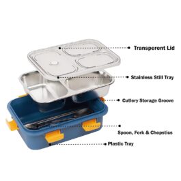 3 Compartment Stainless Steel Lunch Box, Leakage Proof Lunch Box for School Kids and Adults Pack of 1, Multi Colour750ML