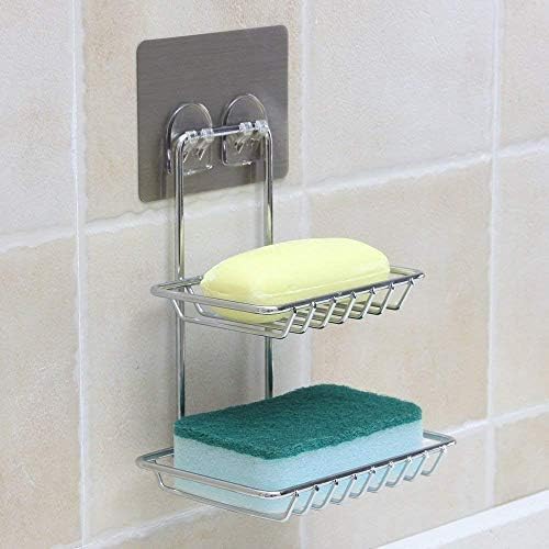 Wall Mounted Double Layer soap Dish Holder Stainless Steel Wall Hanging Soap Storage Rack for Kitchen Bathroom-with Self Adhesive Magic Sticker (Stainless Steel) - Image 6