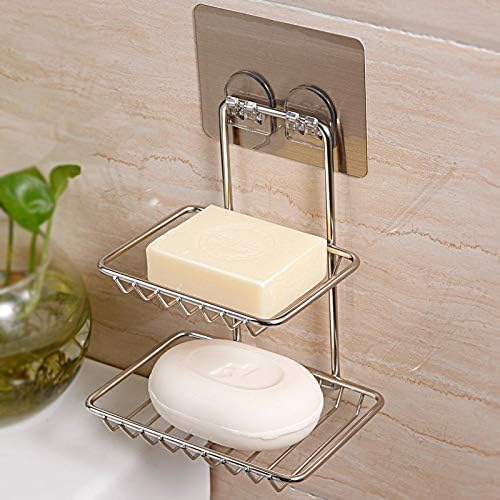 Wall Mounted Double Layer soap Dish Holder Stainless Steel Wall Hanging Soap Storage Rack for Kitchen Bathroom-with Self Adhesive Magic Sticker (Stainless Steel) - Image 7