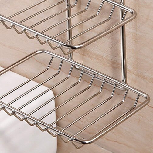 Wall Mounted Double Layer soap Dish Holder Stainless Steel Wall Hanging Soap Storage Rack for Kitchen Bathroom-with Self Adhesive Magic Sticker (Stainless Steel) - Image 5